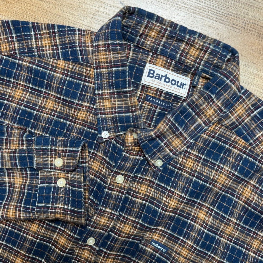 Barbour Shirt Mens Large Blue Orange Plaid Button Down Flannel Tailored Fit